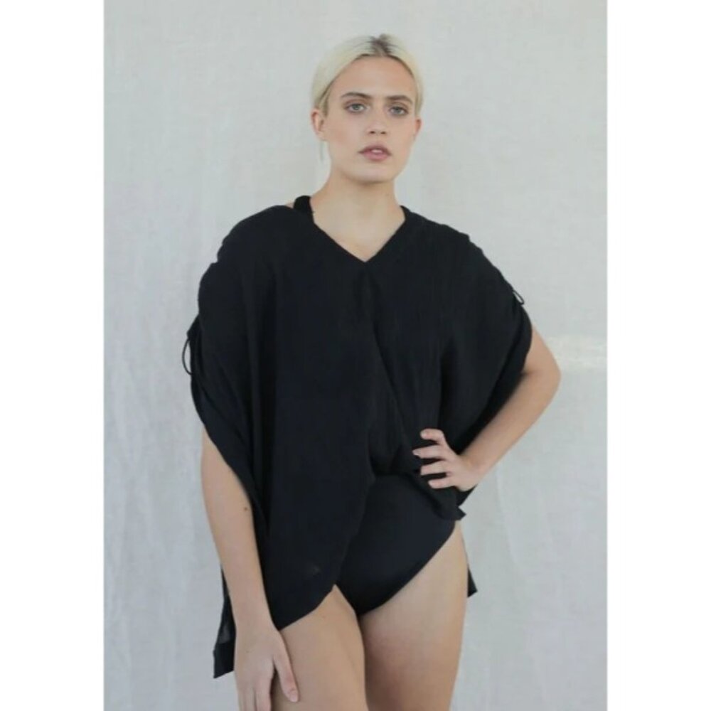 Lokiki Louise Black Cotton Swim Coverup Top W/ Tassel Details V-Neck & Loose Fit